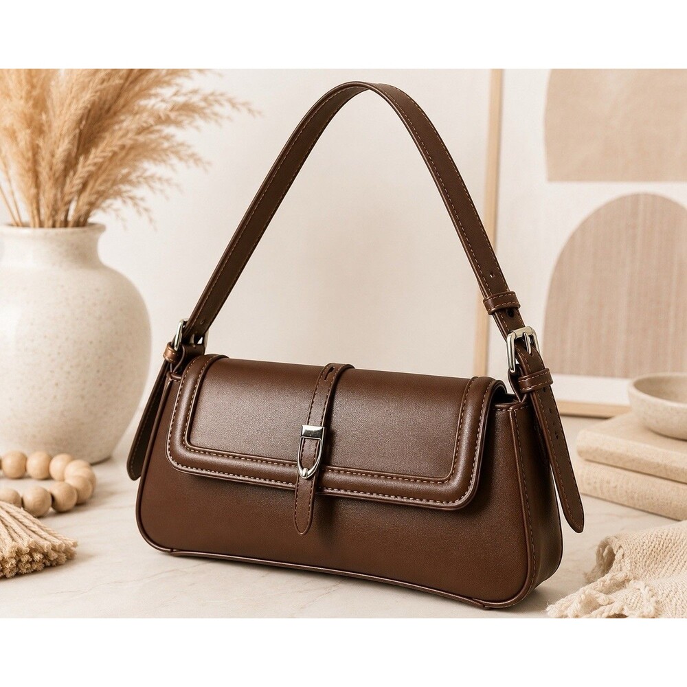 Calin Collection Brown Faux Leather Shoulder Bag Baguette Purse Minimalist Chic